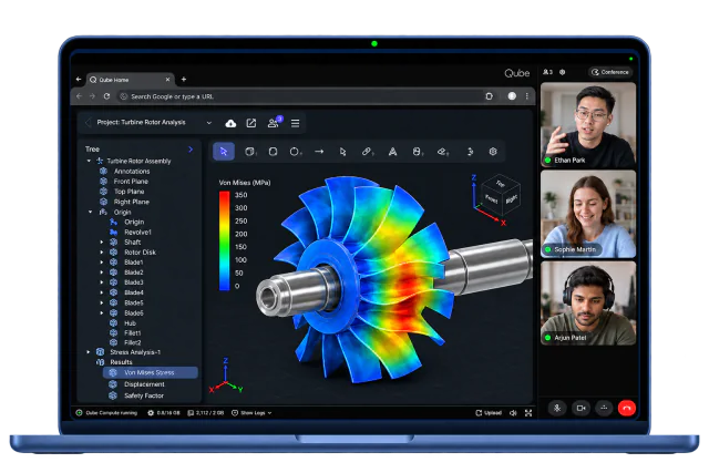 Qube running a collaborative turbine analysis and video meeting on a laptop